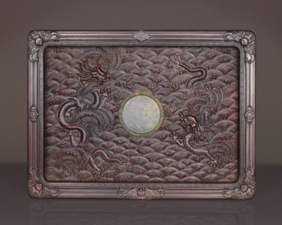 Lot 105 - AN IMPERIAL SPINACH JADE INSET ZITAN ‘DRAGON’ TRAY, QIANLONG PERIOD