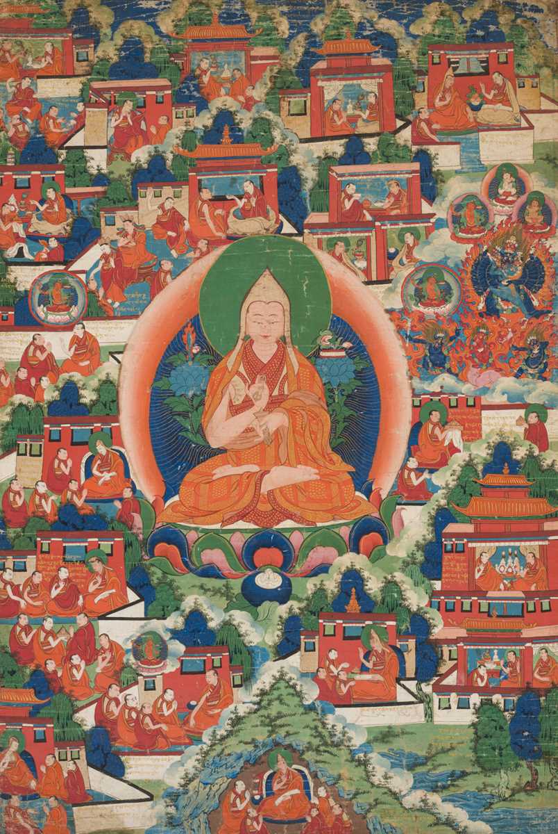 Lot 31 - A THANGKA OF JE TSONGKHAPA AND 18 EPISODES FROM HIS LIFE, 18TH-19TH CENTURY