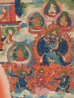 Lot 31 - A THANGKA OF JE TSONGKHAPA AND 18 EPISODES FROM HIS LIFE, 18TH-19TH CENTURY