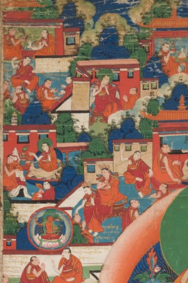 Lot 31 - A THANGKA OF JE TSONGKHAPA AND 18 EPISODES FROM HIS LIFE, 18TH-19TH CENTURY