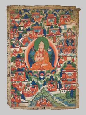 Lot 31 - A THANGKA OF JE TSONGKHAPA AND 18 EPISODES FROM HIS LIFE, 18TH-19TH CENTURY