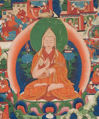 Lot 31 - A THANGKA OF JE TSONGKHAPA AND 18 EPISODES FROM HIS LIFE, 18TH-19TH CENTURY