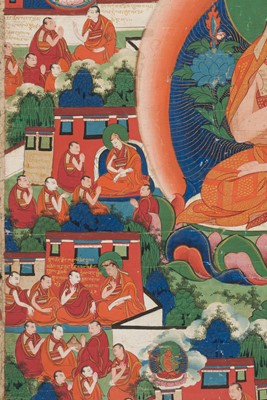 Lot 31 - A THANGKA OF JE TSONGKHAPA AND 18 EPISODES FROM HIS LIFE, 18TH-19TH CENTURY