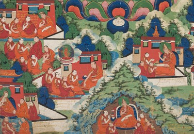 Lot 31 - A THANGKA OF JE TSONGKHAPA AND 18 EPISODES FROM HIS LIFE, 18TH-19TH CENTURY