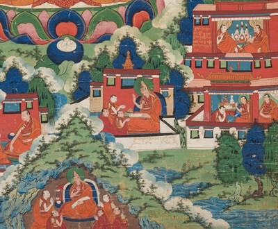 Lot 31 - A THANGKA OF JE TSONGKHAPA AND 18 EPISODES FROM HIS LIFE, 18TH-19TH CENTURY