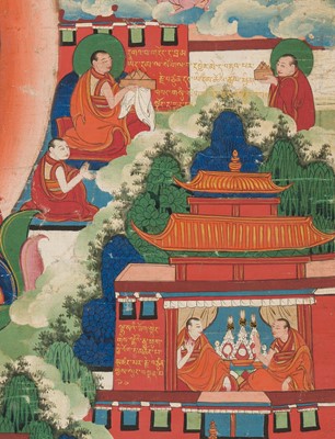 Lot 31 - A THANGKA OF JE TSONGKHAPA AND 18 EPISODES FROM HIS LIFE, 18TH-19TH CENTURY