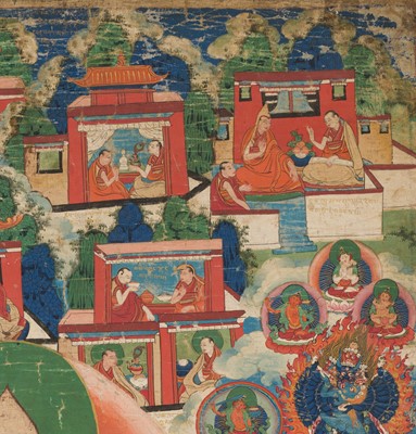 Lot 31 - A THANGKA OF JE TSONGKHAPA AND 18 EPISODES FROM HIS LIFE, 18TH-19TH CENTURY