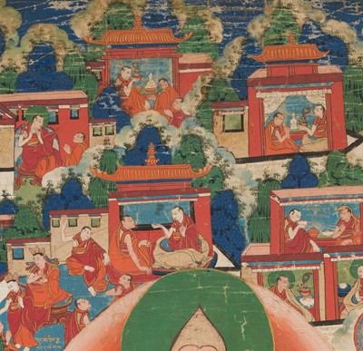 Lot 31 - A THANGKA OF JE TSONGKHAPA AND 18 EPISODES FROM HIS LIFE, 18TH-19TH CENTURY