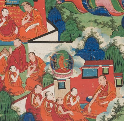 Lot 31 - A THANGKA OF JE TSONGKHAPA AND 18 EPISODES FROM HIS LIFE, 18TH-19TH CENTURY