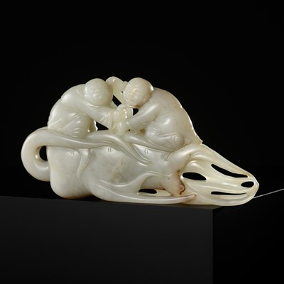 Lot 454 - A RARE ‘BOYS AND GINSENG’ JADE GROUP, 17TH-18TH CENTURY