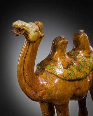 Lot 520 - A SANCAI-GLAZED POTTERY FIGURE OF A BACTRIAN CAMEL, TANG DYNASTY