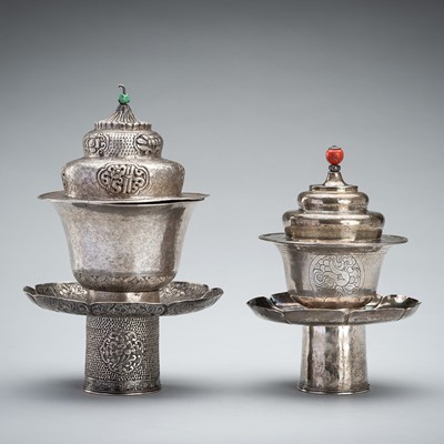 Lot 1459 - A LOT WITH TWO SILVER BUTTER TEA SETS, 19TH CENTURY