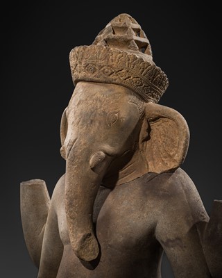 Lot 398 - A SANDSTONE FIGURE OF GANESHA, ANGKOR PERIOD, PRE-RUP STYLE, MID-10TH CENTURY