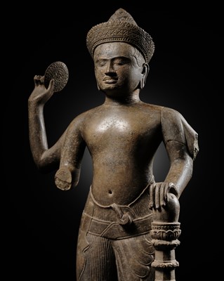 Lot 405 - A RARE POLISHED SANDSTONE FIGURE OF VISHNU, KHMER PERIOD, BAPHUON STYLE, 11TH CENTURY