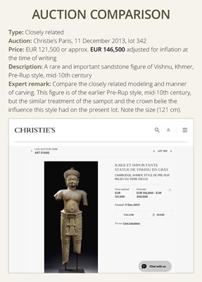 Lot 260 - A SANDSTONE FIGURE OF VISHNU, ANGKOR PERIOD, ANGKOR WAT STYLE