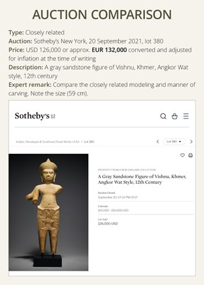 Lot 260 - A SANDSTONE FIGURE OF VISHNU, ANGKOR PERIOD, ANGKOR WAT STYLE