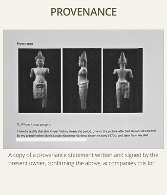 Lot 260 - A SANDSTONE FIGURE OF VISHNU, ANGKOR PERIOD, ANGKOR WAT STYLE