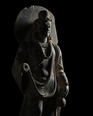 Lot 181 - A LARGE AND IMPORTANT SCHIST FIGURE OF MAITREYA, ANCIENT REGION OF GANDHARA