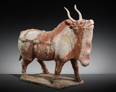 Lot 235 - AN IMPORTANT AND RARE PAINTED POTTERY MODEL OF AN OX, NORTHERN QI DYNASTY, 550-577