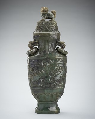 Lot 1785 - AN ARCHAISTIC SPINACH-GREEN JADE VASE AND COVER, LATE QING TO REPUBLIC