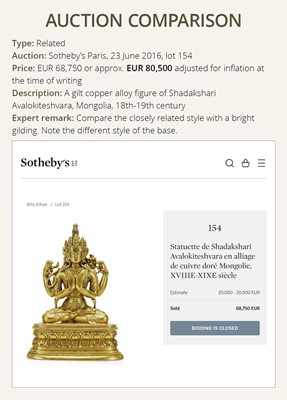 Lot 62 - A GILT-BRONZE FIGURE OF SHADAKSHARI AVALOKITESHVARA, ZANABAZAR SCHOOL