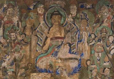 A PAINTING OF SHAKYAMUNI SURROUNDED BY BODHISATTVAS AND DISCIPLES, SONG TO MING DYNASTY