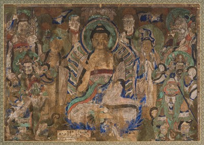 A PAINTING OF SHAKYAMUNI SURROUNDED BY BODHISATTVAS AND DISCIPLES, SONG TO MING DYNASTY
