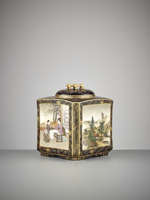 Lot 117 - KINKOZAN: A SUPERB AND LARGE SATSUMA CERAMIC LIDDED JAR WITH POLYCHROME ENAMELS AND GOLD PAINTING ON A MIDNIGHT BLUE GROUND