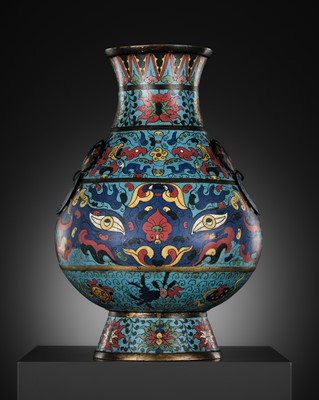 Lot 78 - A RARE CLOISONNÉ ENAMEL 'TAOTIE' HU-FORM VASE, LATE MING DYNASTY