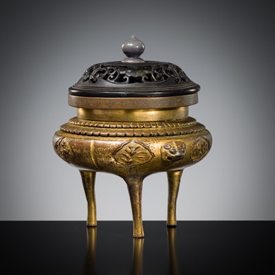 Lot 392 - A GILT-BRONZE ‘THREE FRIENDS OF WINTER’ TRIPOD CENSER, SAWASA WARE, 17TH-18TH CENTURY