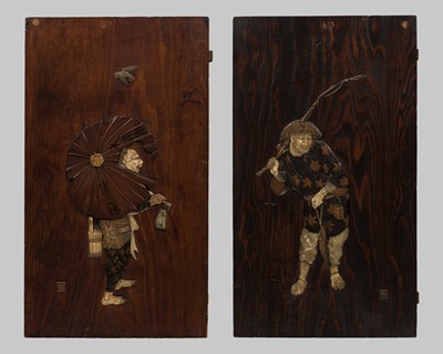 Lot 155 - A PAIR OF SHIBAYAMA INLAID WOOD DOOR FRONTS WITH FISHERMAN AND ONI, DATED 1885