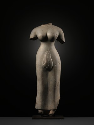 Lot 233 - AN IMPORTANT AND VERY RARE GRAY SANDSTONE TORSO OF UMA, PRASAT ANDET STYLE, PRE-ANGKOR, LATE 7TH CENTURY