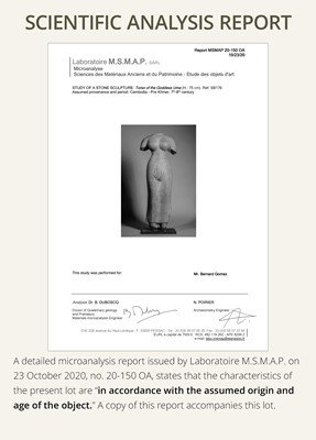 Lot 233 - AN IMPORTANT AND VERY RARE GRAY SANDSTONE TORSO OF UMA, PRASAT ANDET STYLE, PRE-ANGKOR, LATE 7TH CENTURY