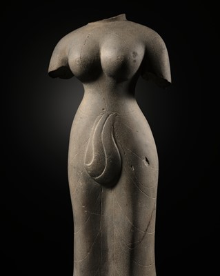 Lot 233 - AN IMPORTANT AND VERY RARE GRAY SANDSTONE TORSO OF UMA, PRASAT ANDET STYLE, PRE-ANGKOR, LATE 7TH CENTURY