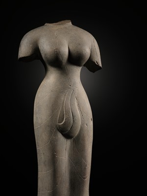 Lot 233 - AN IMPORTANT AND VERY RARE GRAY SANDSTONE TORSO OF UMA, PRASAT ANDET STYLE, PRE-ANGKOR, LATE 7TH CENTURY