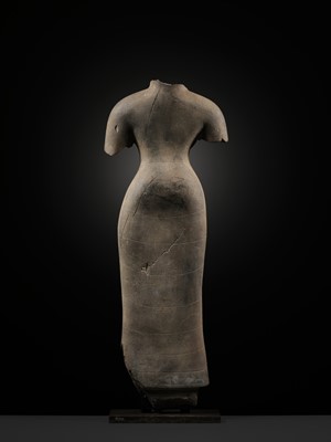 Lot 233 - AN IMPORTANT AND VERY RARE GRAY SANDSTONE TORSO OF UMA, PRASAT ANDET STYLE, PRE-ANGKOR, LATE 7TH CENTURY