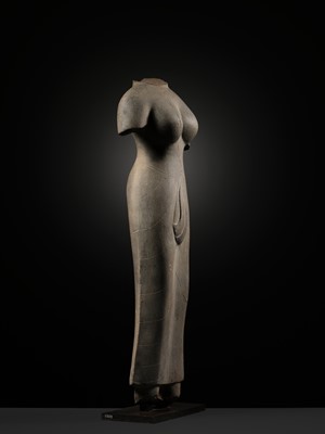 Lot 233 - AN IMPORTANT AND VERY RARE GRAY SANDSTONE TORSO OF UMA, PRASAT ANDET STYLE, PRE-ANGKOR, LATE 7TH CENTURY