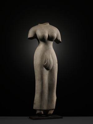 Lot 233 - AN IMPORTANT AND VERY RARE GRAY SANDSTONE TORSO OF UMA, PRASAT ANDET STYLE, PRE-ANGKOR, LATE 7TH CENTURY
