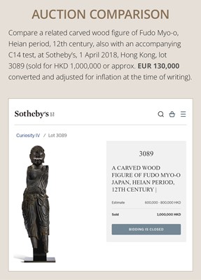 AN IMPORTANT AND VERY LARGE CYPRESS WOOD STATUE OF A HEAVENLY GENERAL, HEIAN PERIOD, THE DATING CONFIRMED BY A C14 TEST