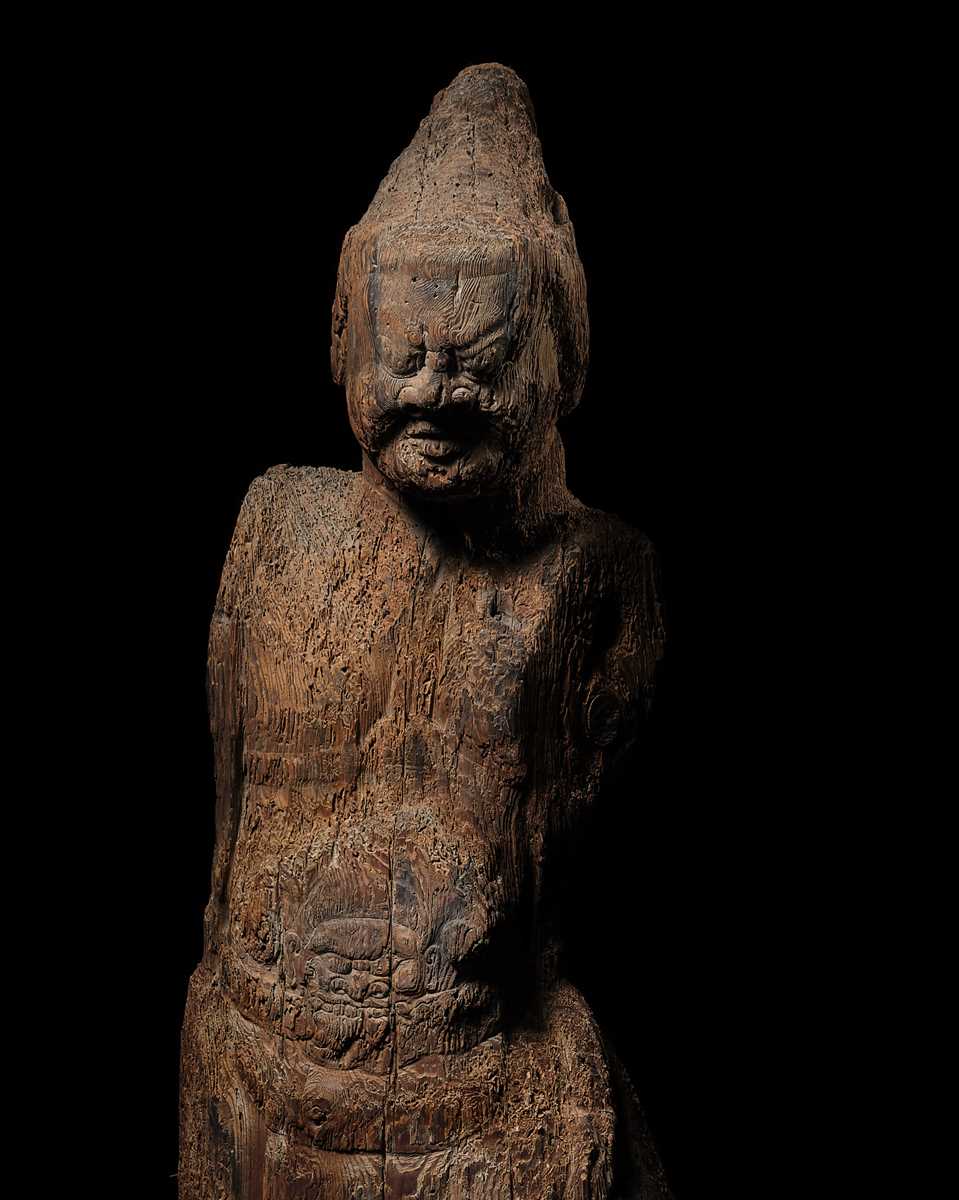 AN IMPORTANT AND VERY LARGE CYPRESS WOOD STATUE OF A HEAVENLY GENERAL, HEIAN PERIOD, THE DATING CONFIRMED BY A C14 TEST