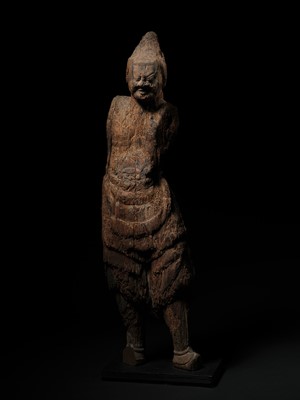 AN IMPORTANT AND VERY LARGE CYPRESS WOOD STATUE OF A HEAVENLY GENERAL, HEIAN PERIOD, THE DATING CONFIRMED BY A C14 TEST