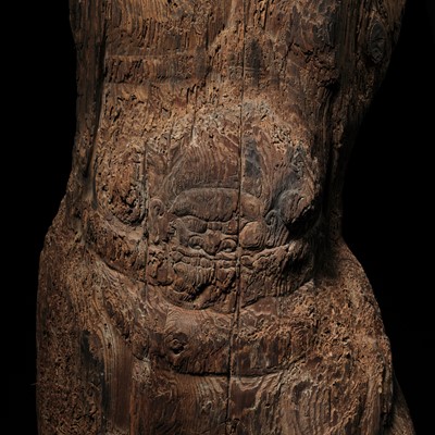 AN IMPORTANT AND VERY LARGE CYPRESS WOOD STATUE OF A HEAVENLY GENERAL, HEIAN PERIOD, THE DATING CONFIRMED BY A C14 TEST