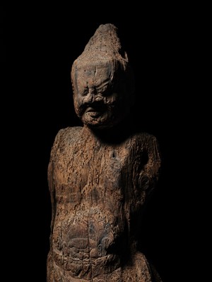 AN IMPORTANT AND VERY LARGE CYPRESS WOOD STATUE OF A HEAVENLY GENERAL, HEIAN PERIOD, THE DATING CONFIRMED BY A C14 TEST