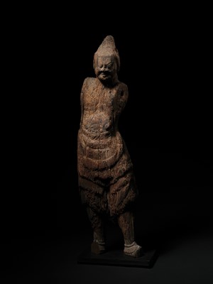 AN IMPORTANT AND VERY LARGE CYPRESS WOOD STATUE OF A HEAVENLY GENERAL, HEIAN PERIOD, THE DATING CONFIRMED BY A C14 TEST