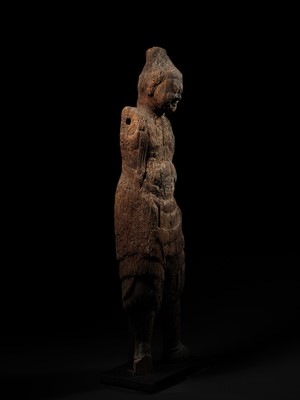 AN IMPORTANT AND VERY LARGE CYPRESS WOOD STATUE OF A HEAVENLY GENERAL, HEIAN PERIOD, THE DATING CONFIRMED BY A C14 TEST