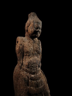 AN IMPORTANT AND VERY LARGE CYPRESS WOOD STATUE OF A HEAVENLY GENERAL, HEIAN PERIOD, THE DATING CONFIRMED BY A C14 TEST