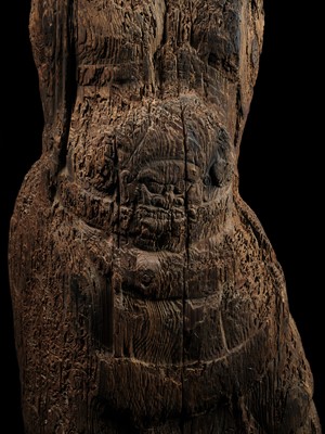 AN IMPORTANT AND VERY LARGE CYPRESS WOOD STATUE OF A HEAVENLY GENERAL, HEIAN PERIOD, THE DATING CONFIRMED BY A C14 TEST