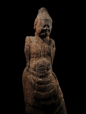 AN IMPORTANT AND VERY LARGE CYPRESS WOOD STATUE OF A HEAVENLY GENERAL, HEIAN PERIOD, THE DATING CONFIRMED BY A C14 TEST