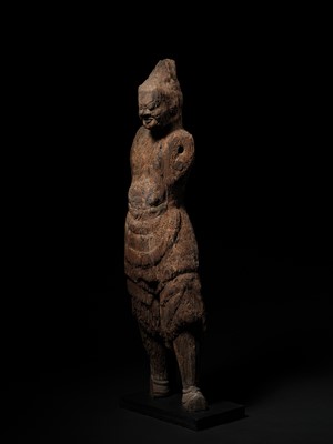 AN IMPORTANT AND VERY LARGE CYPRESS WOOD STATUE OF A HEAVENLY GENERAL, HEIAN PERIOD, THE DATING CONFIRMED BY A C14 TEST