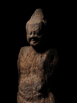 AN IMPORTANT AND VERY LARGE CYPRESS WOOD STATUE OF A HEAVENLY GENERAL, HEIAN PERIOD, THE DATING CONFIRMED BY A C14 TEST